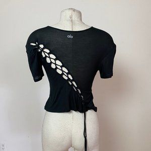 Alo black silk top w laced back